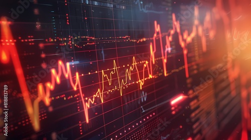 Visual depiction of stock movements resembling a heartbeat monitor, indicating the fluctuating pulse of the market, presented with realistic detail.
