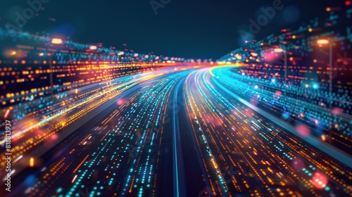 Futuristic fast speed transfer digital technology data flow on city highway concept. Generated AI