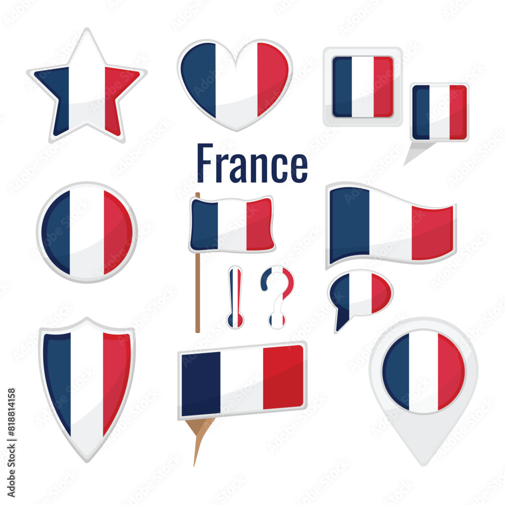 Various France flags set. mark, star badge and different shapes badges. Patriotic Franconian sticker Various France flags set. mark, star badge and different shapes badges. Patriotic Franconian sticker