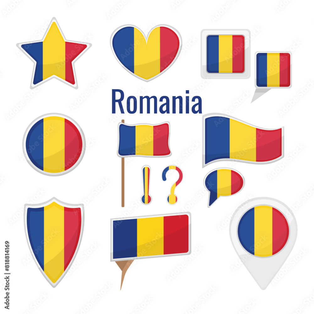 Various Romania flags set. mark, star badge and different shapes badges. Patriotic romanian sticker Various Romania flags set. mark, star badge and different shapes badges. Patriotic romanian sticker