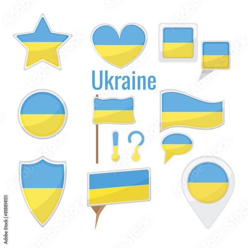 Various Ukraine flags set. Mark, star badge and different shapes badges. Patriotic ukrainian sticker
