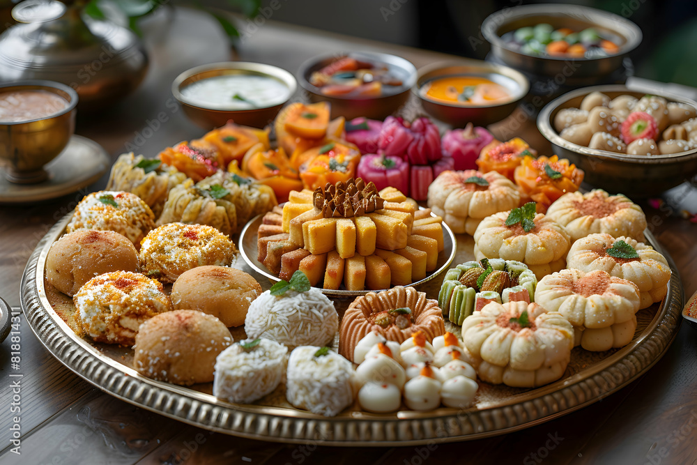 A beautifully decorated tray of Diwali sweets, including ladoos, barfis, and jalebis A beautifully decorated tray of Diwali sweets, including ladoos, barfis, and jalebis