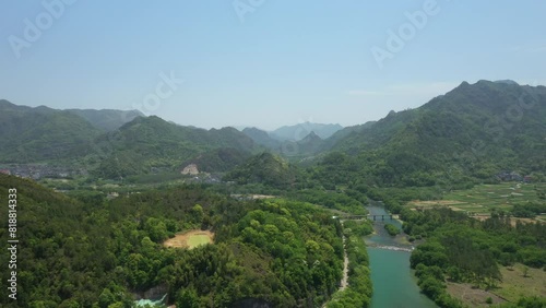 Aerial footage of a bridge across Nanxi River (Nanxi Jiang) in Wenzhou, Zhejiang, China photo