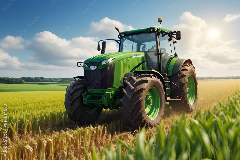 Fototapeta premium Green tractor plowing cereal field with sky with clouds