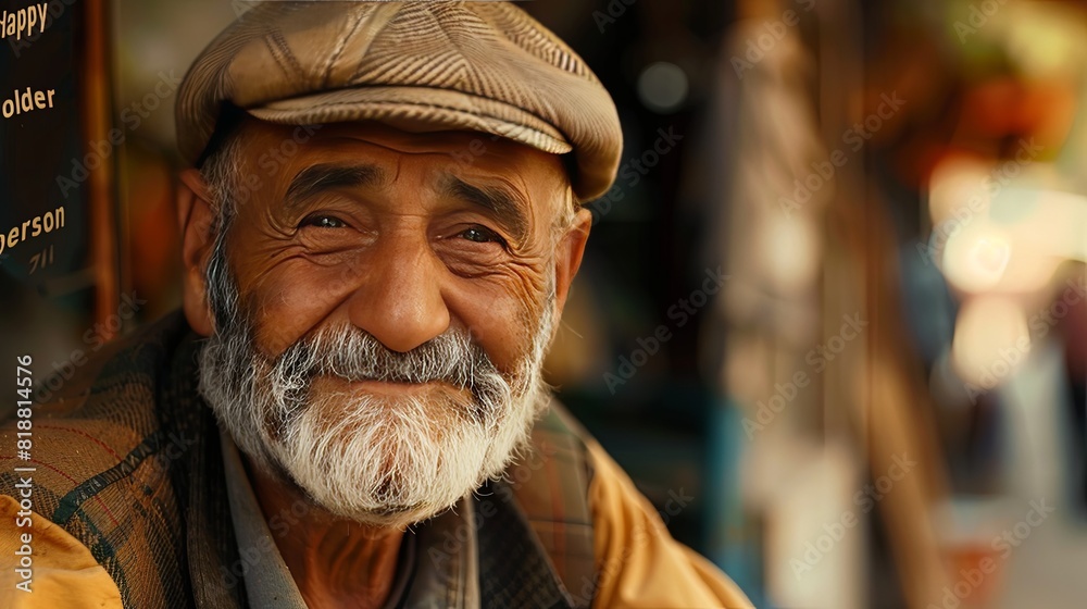 a man with a beard and a hat is smiling.