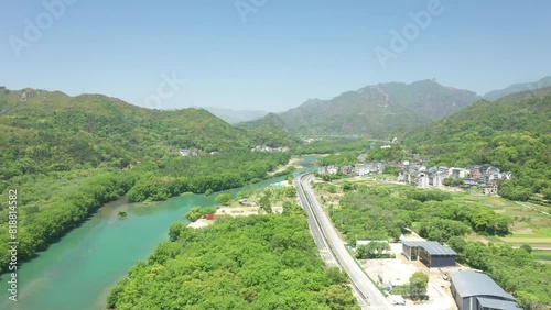 Aerial footage of Nanxi River (Nanxi Jiang) in Yongjia County, Wenzhou, Zhejiang Province, China photo