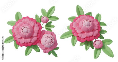 3D peonies pink flowers with green leaves