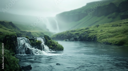 A waterfall is flowing into a river in a lush green valley