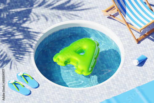 3D summer background with swimming pool beach chair pool blue water flips flips swimming ring A letter shape