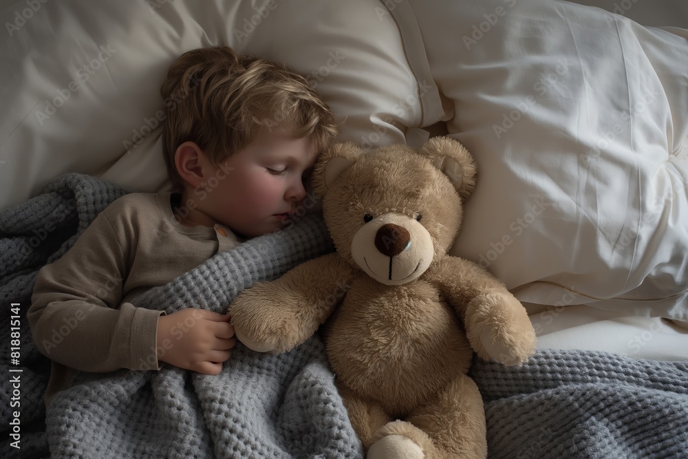 a little boy sleeping with his teddy bear a little boy sleeping with his teddy bear