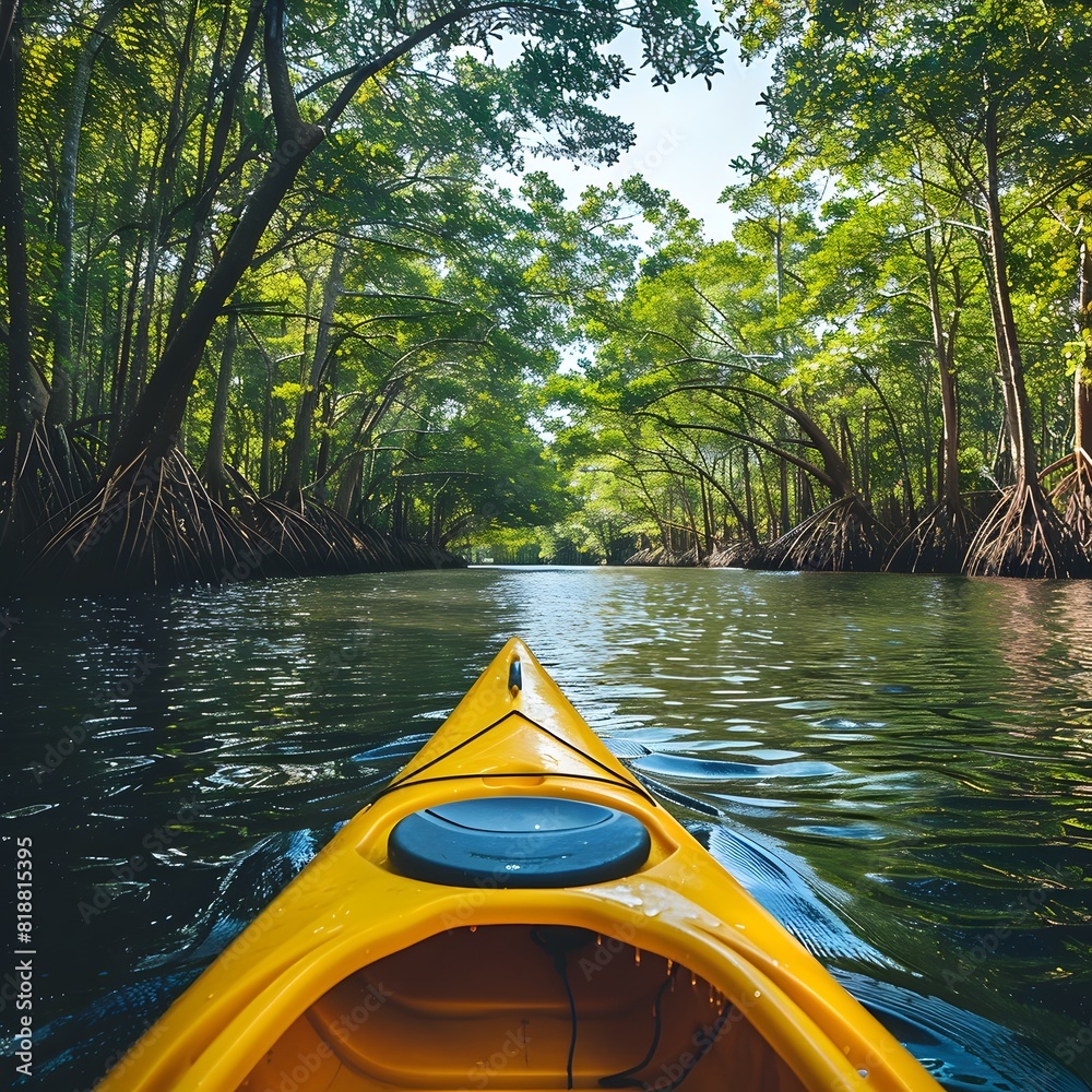 Fototapeta premium Eco Friendly Kayak Tour Through Lush Mangrove Waterway Highlighting Nature Conservation