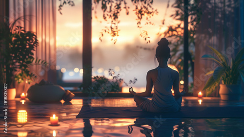 A lady meditating in the evening, with bright surroundings and serene ambiance