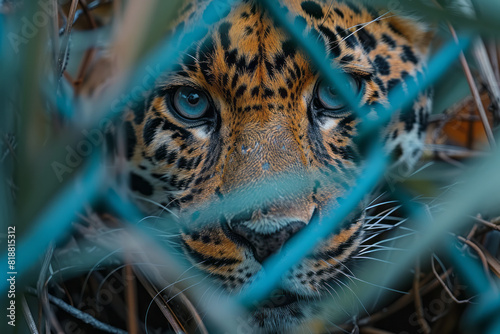 Artistic portrayal of a leopard entangled in sharp  abstract barriers  symbolizing its restricted movement 
