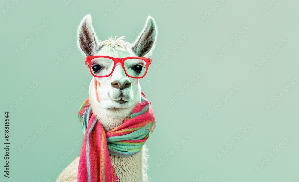 white llama with pink sunglasses and a colorful scarf on a turquoise background white llama with pink sunglasses and a colorful scarf on a turquoise background