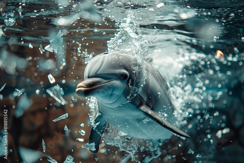 Abstract image of a dolphin in a broken tank, with shards of glass floating in the water, photo