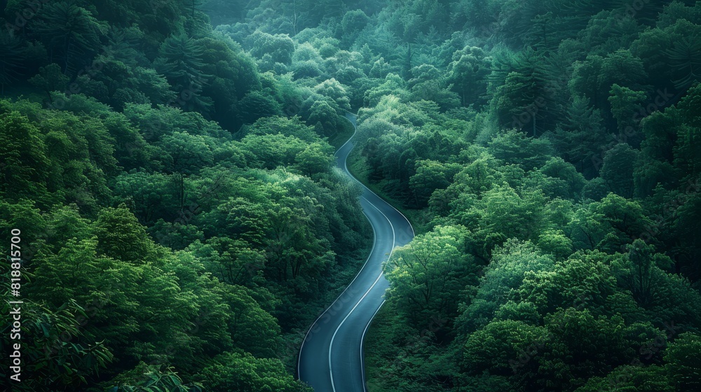 A winding road through a lush forest A winding road through a lush forest