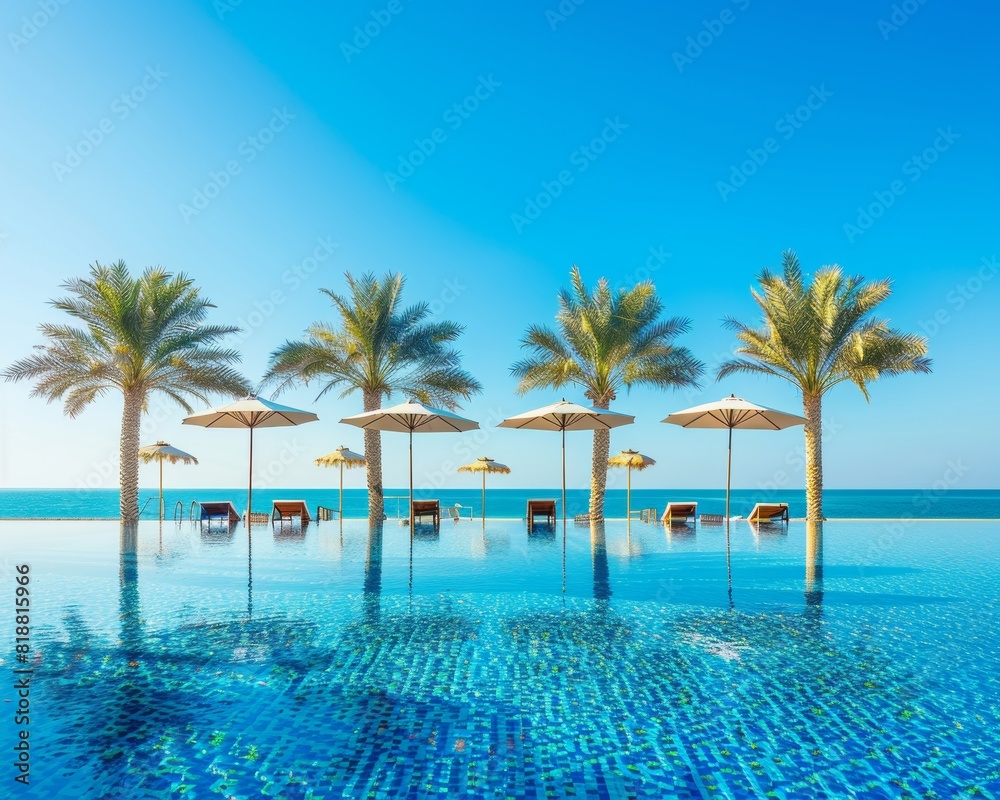 Luxurious beach resort with pool, loungers, palm trees, blue sky on white sand beach
