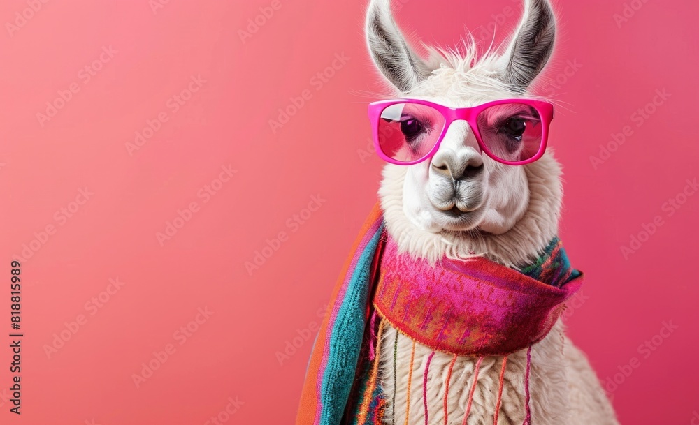 white llama with pink sunglasses and a colorful scarf on a turquoise background white llama with pink sunglasses and a colorful scarf on a turquoise background