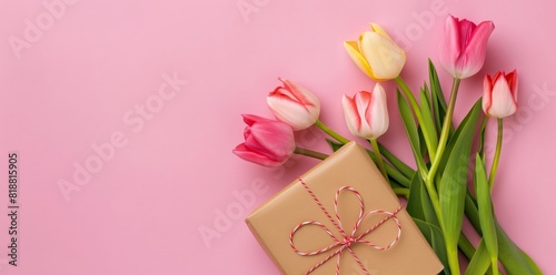 flowers and gift on pink background