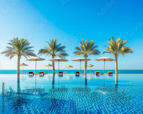 Luxurious beach resort with pool  loungers  palm trees  blue sky on white sand beach
