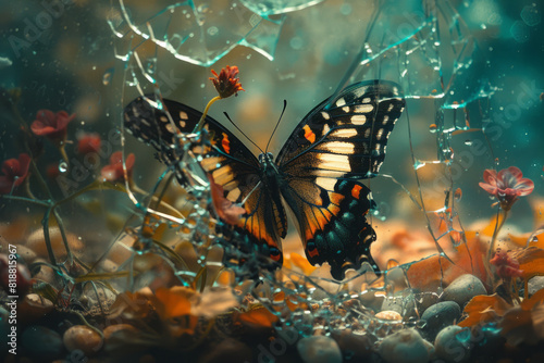Abstract image of a butterfly in a broken terrarium, with cracked glass and distorted plants, photo