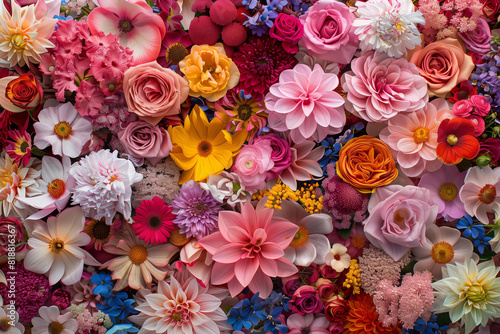 colorful and diverse flowers pattern , pink background, Floral wallpaper design botanical print fabric, Springtime or summer celebration, Feminine aesthetic
