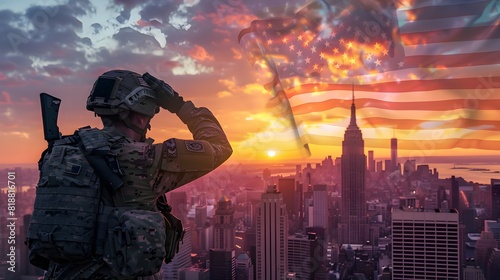 A Soldier's Patriotic Salute with a Breathtaking New York Skyline and Sunset American Flag Backdrop photo