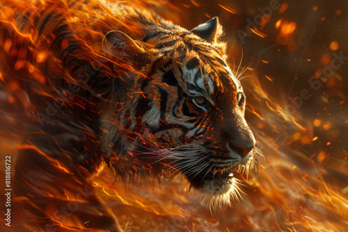 Artistic depiction of a tiger with chaotic, fiery red streams, illustrating its pent-up energy and aggression, photo