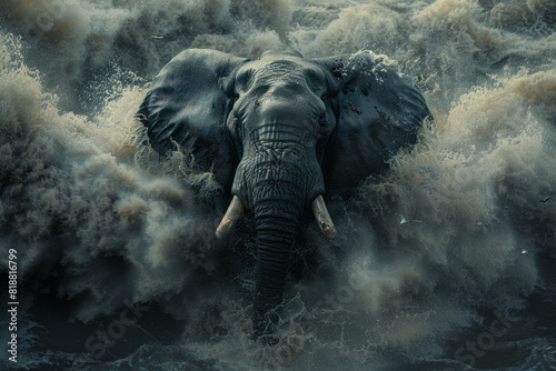 Illustration of an elephant with turbulent, gray waves, symbolizing its emotional turmoil and sorrow in captivity,
