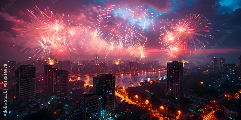 A cityscape during Diwali with fireworks lighting up the sky