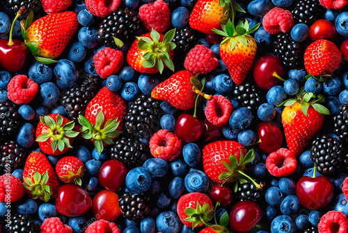 A close up of a variety of fruits including blueberries  strawberries