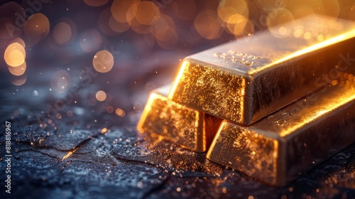 Three gold bars with shimmering lights and a bokeh effect in the background to evoke wealth and luxury