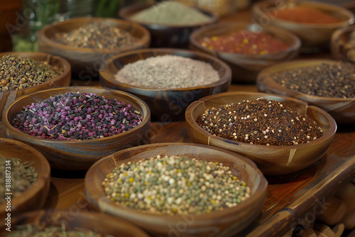 A variety of colorful seasonings displayed, showcasing diverse spices and herbs for culinary use © River Girl