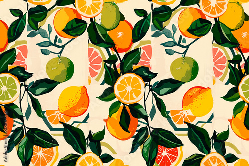 Citrus fruit pattern with lemons, oranges, limes, and green leaves on a light background, creating a seamless, fresh design perfect for summer, tropical decorations and kitchen textiles