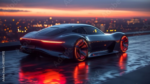 sleek electric sports car with glowing taillights on a city rooftop at sunset.