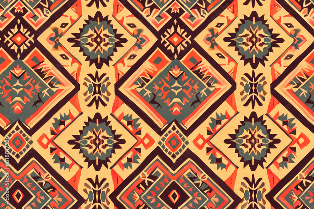 Geometric tribal pattern with earthy tones of orange, blue, and brown, creating a seamless, ethnic design perfect for cultural, traditional decorations and boho textiles Geometric tribal pattern with earthy tones of orange, blue, and brown, creating a seamless, ethnic design perfect for cultural, traditional decorations and boho textiles