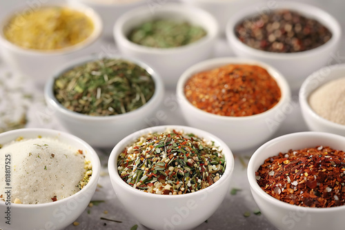 A variety of colorful seasonings displayed  showcasing diverse spices and herbs for culinary use