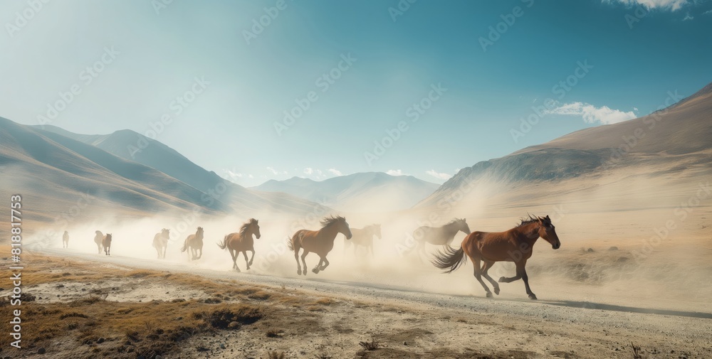 a herd of horses running on a dirt road in the mountains