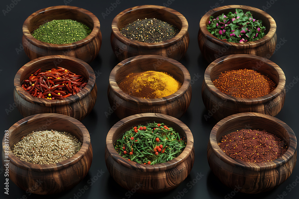 A variety of colorful seasonings displayed, showcasing diverse spices and herbs for culinary use A variety of colorful seasonings displayed, showcasing diverse spices and herbs for culinary use
