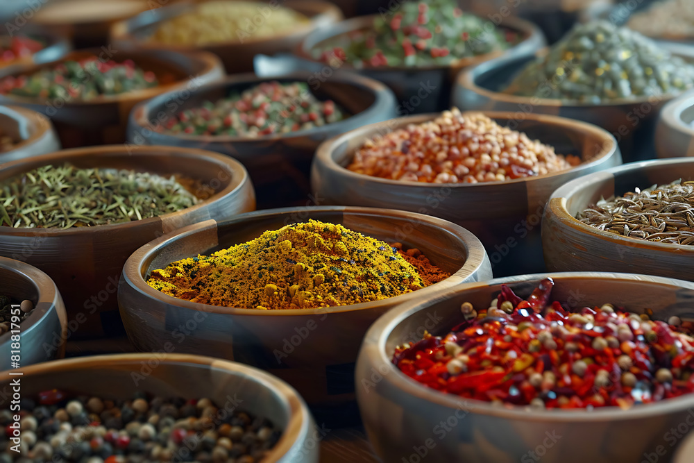 A variety of colorful seasonings displayed, showcasing diverse spices and herbs for culinary use