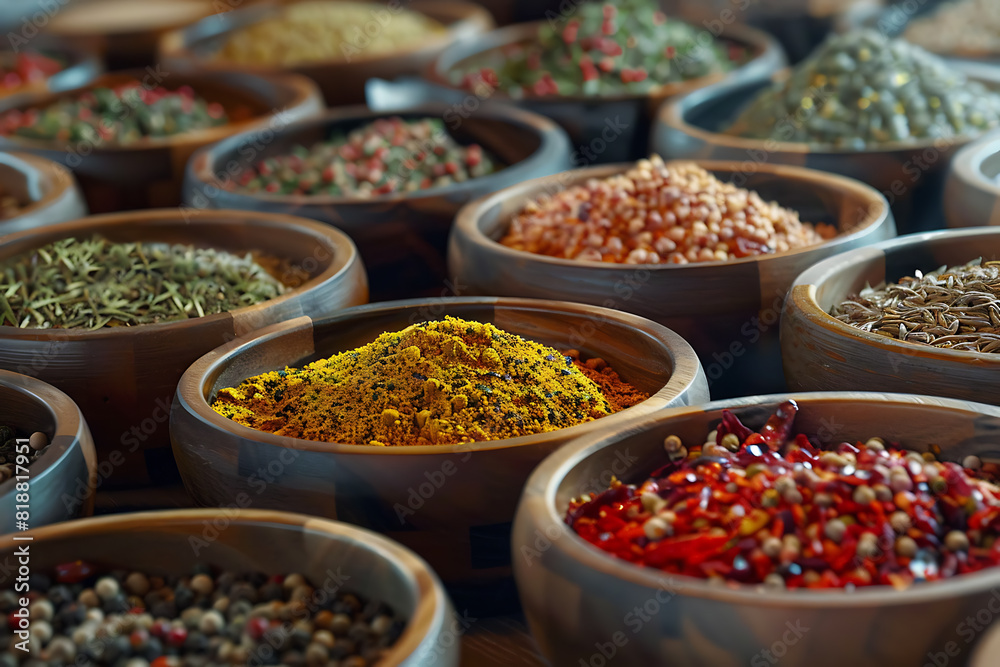 A variety of colorful seasonings displayed, showcasing diverse spices and herbs for culinary use A variety of colorful seasonings displayed, showcasing diverse spices and herbs for culinary use