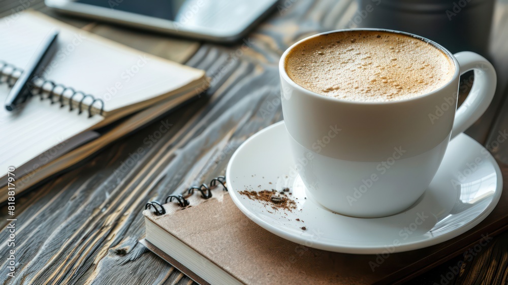 A freshly brewed cup of coffee with froth on top sits beside a closed notebook and pen on a wooden table A freshly brewed cup of coffee with froth on top sits beside a closed notebook and pen on a wooden table