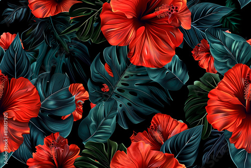 Seamless tropical floral pattern with bold red hibiscus flowers and lush green leaves on a black background creating a striking and exotic design