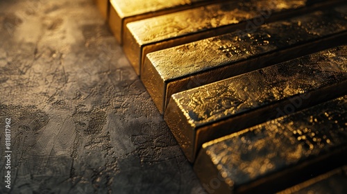 Close-up image of stacked gold bars with a rough textured surface shimmering in a golden hue, suggesting wealth and stability photo