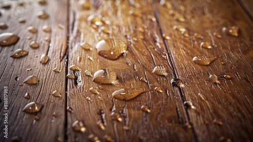 Close-up image of glistening water droplets scattered across a textured wooden surface, capturing the interplay of light and shadow
