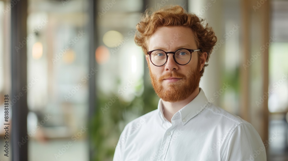 a young man with red hair and glasses in an office a young man with red hair and glasses in an office
