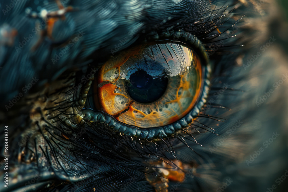 Dynamic image of a bird's eye, with a reflection of an open sky in the iris, surrounded by abstract cracks representing broken dreams. Dynamic image of a bird's eye, with a reflection of an open sky in the iris, surrounded by abstract cracks representing broken dreams.