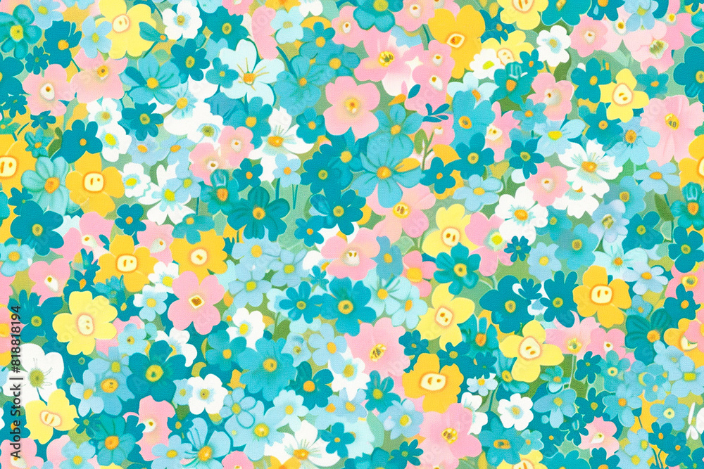Cheerful floral seamless pattern with colorful flowers in yellow, pink, and blue hues on a white background, perfect for lively decorations and spring-themed designs