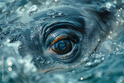 Abstract image of a dolphin's eye, filled with cold, blue tones and fragmented patterns, representing isolation and distress.