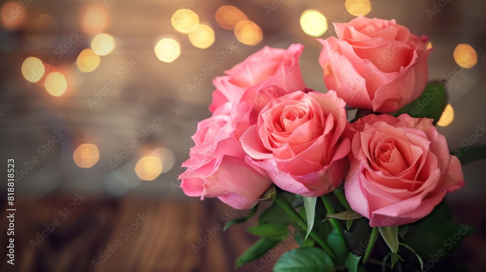 A bunch of delicate pink roses in full bloom against a beautifully blurred bokeh light background, portraying warmth and romance